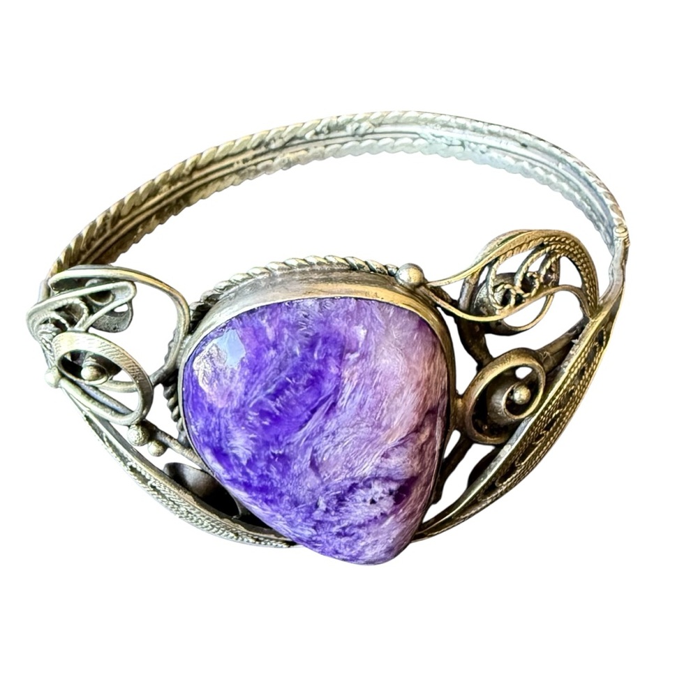 Vintage Filigree & Scrollwork Hinged Bracelet w/ Lg Russian Chariote Cabachon